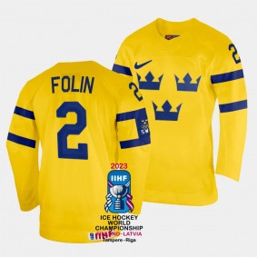 Sweden 2023 IIHF World Championship Christian Folin #2 Yellow Jersey Home