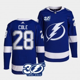 30th Season Ian Cole Tampa Bay Lightning Authentic Home #28 Blue Jersey